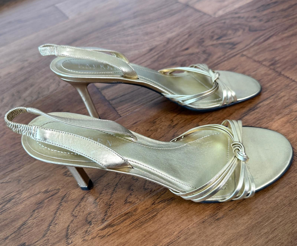 RALPH LAUREN Gold Metallic Leather Pumps Sandals Kitten Heels Ankle Strap 8.5B